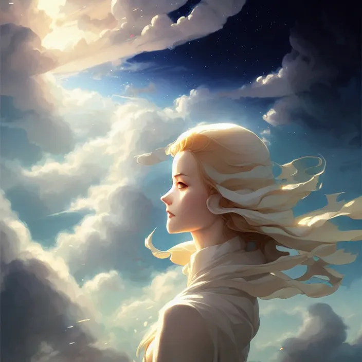 Image similar to style artgerm, joshua middleton, charlie bowater, soft castle in the sky white with gold, majestic spires, clouds swirling, detailed, sky setting, volumetric lighting