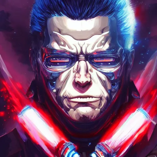 Image similar to anime portrait of the terminator as a shaman yedi using dark force to eliminate trump as an anime antagonist by Stanley Artgerm Lau, WLOP, Rossdraws, James Jean, Andrei Riabovitchev, Marc Simonetti, and Sakimichan, trending on artstation