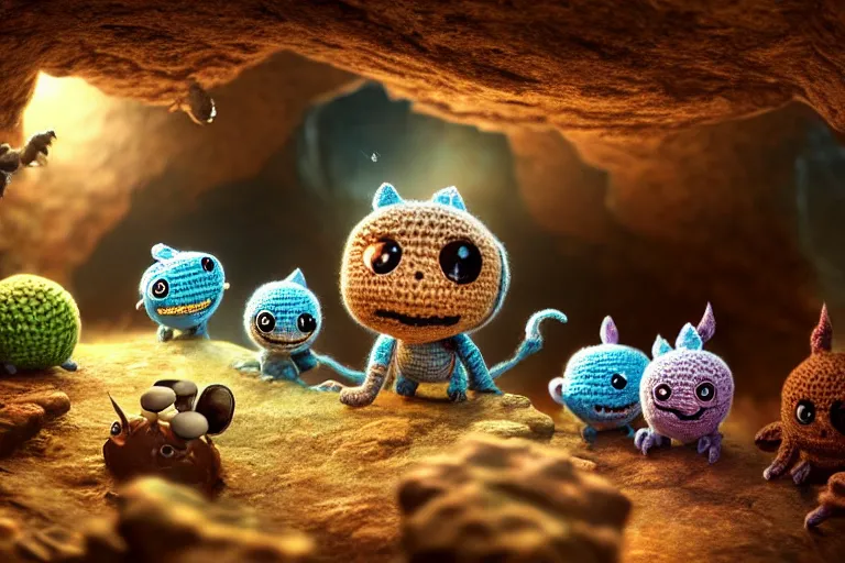 Image similar to an expedition of crochet cute monsters discovering a new cave underground. cute, illustration, digital art, inspired by little big planet, by greg rutkowski, detailed, sharp, masterpiece, highly detailed, photorealistic, octane render, 8 k, unreal engine 5, trending on artstation, vivid colors