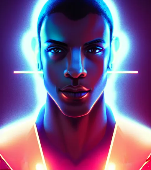 Prompt: symmetry!! egyptian prince of technology, solid cube of light, hard edges, product render retro - futuristic poster scifi, lasers and neon circuits, brown skin man egyptian prince, intricate, elegant, highly detailed, digital painting, artstation, concept art, smooth, sharp focus, illustration, dreamlike, art by artgerm