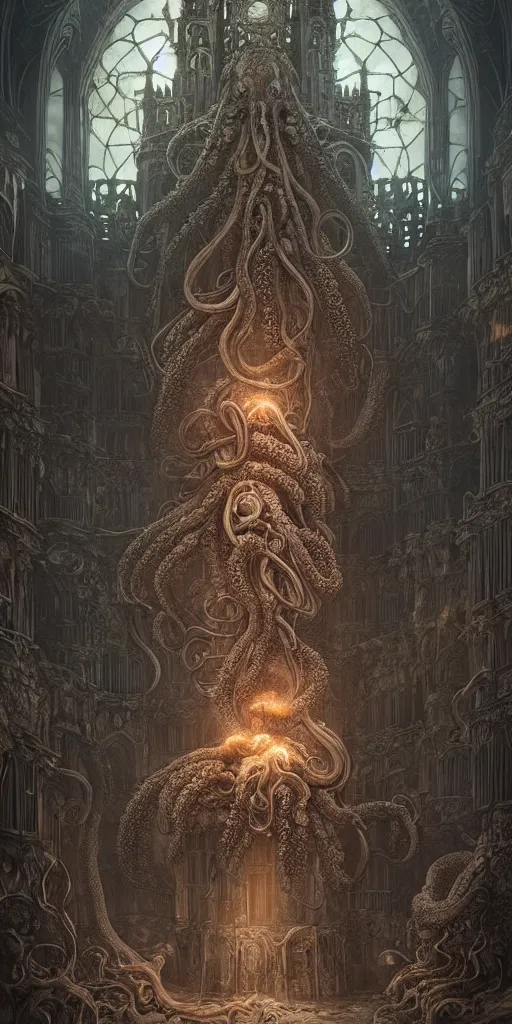 Prompt: group of mankind species mages with enormous octopus heads and jellyfish floating around inside an ancient mage castle hall colossal scale, gothic and baroque, brutalist architecture, ultradetailed, intricate details by Ellen Jewett and Ayami Kojima