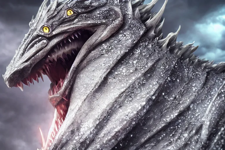 Prompt: cinematic closeup portrait of a roaring lightning dragon, detailed scales, dramatic lighting, icy environment, unreal engine, cgsociety, artstation, 4k