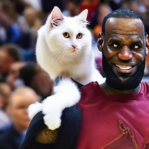 Prompt: Lebron James is playing with a cute ragdoll cat