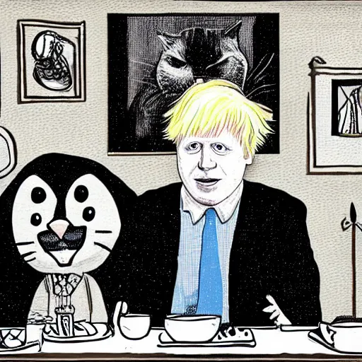 Prompt: boris johnson cartoonized. hyperrealistic. cartoonized cat. they have a romantic dinner together. folk horror. gothi