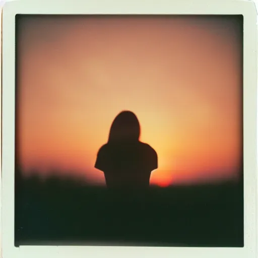 Prompt: polaroid sx - 7 0 double exposure of a woman's profile looking at the sunset, sky overlaid