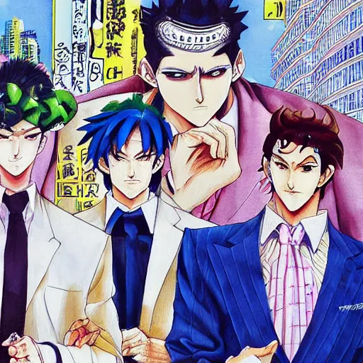 Prompt: a beautiful painting of four well dressed men with perfect anime faces posing for a picture on a city street by hirohiko araki, detailed line art, jojos bizarre adventure