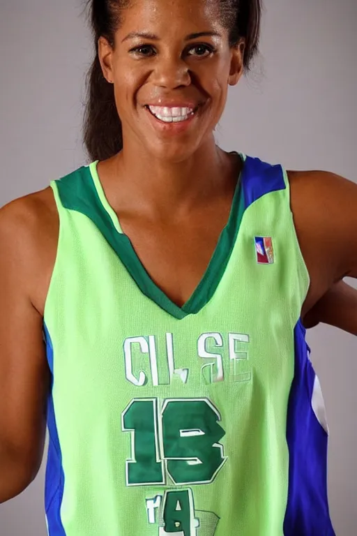 Image similar to character photo. tall athletic woman in light green sleeveless dress, gleefully telling a bs story full of lies. face like danielle campbell, body like wnba player. facial expression of manic obsessive love. black hair in ponytail. bright blue eyes. pale complexion. built like basketball player