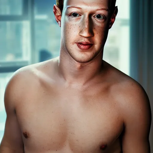 Image similar to professional photograph of very hot and muscular mark zuckerberg, gleaming skin, glowing, sparkling, hyper realistic, digital painting, rendered in unreal 5, octane render, artstation, ambient lighting