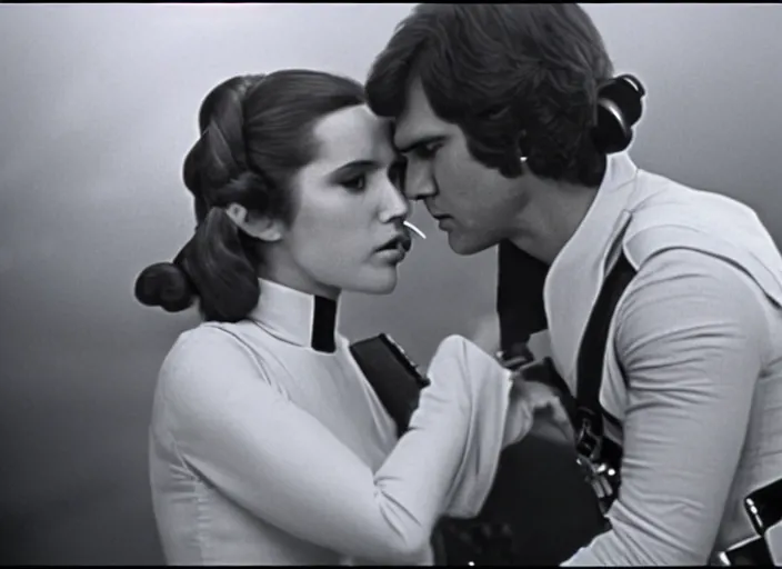 Image similar to screenshot of Han Solo dressed up as an imperial officer kissing Princess Leia Organa, iconic scene from 1970s Star Wars film directed by Stanley Kubrick, in a sci fi shipping port, last jedi, 4k HD, cinematic still frame, photoreal, beautiful portraits, moody lighting, stunning cinematography, lens flare, anamorphic lenses, kodak color film stock