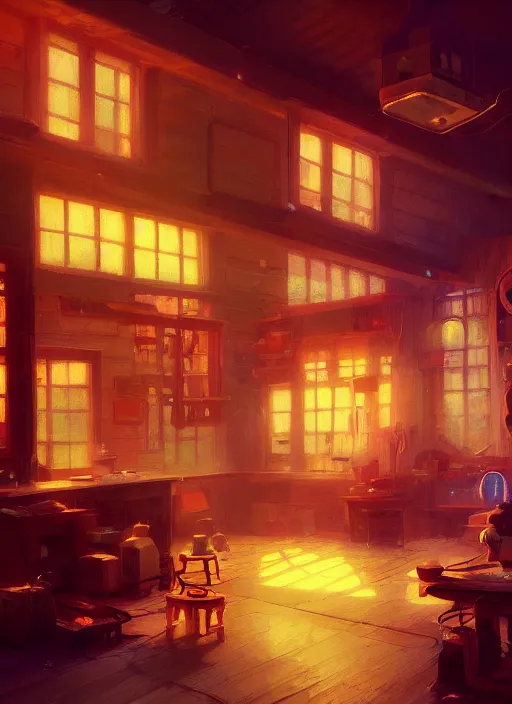 Image similar to beautiful interior of a cozy woodworker shop, james gilleard, delphin enjolras, goro fujita, makoto shinkai, paul lehr, volumetric lighting, exquisite lighting, octane render, very coherent, trending on artstation