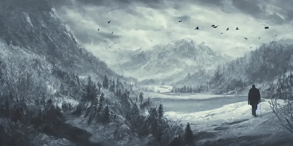 Image similar to A majestic landscape featuring a river, mountains and a forest. A small group of birds is flying in the sky. Harsh winter. very windy. There is a man walking in a deep snow.Camera is positioned behind the man. Cinematic, very beautiful, painting in the style of Lord of the rings