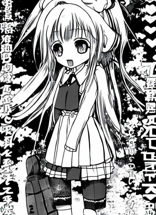 Image similar to manga style, black and white manga, multi - panel kawaii chibi manga, school girl kuudere, by gen urobuchi and yuyuko takemiya, japanese language