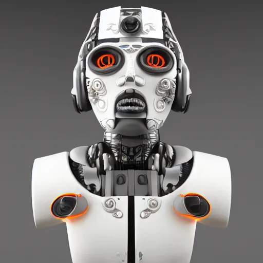 Image similar to a claymodel of a dieselpunk aztec futuristic robot head wearing an emotiv eeg - headset, 8 k, front shot, symetrical, flourescent colors, halluzinogenic, multicolored, insanely detailed, front shot, bust shot, 3 d render, octane