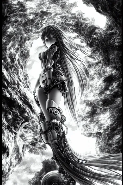 Image similar to a vertical portrait of a character in a scenic environment by Yoshitaka Amano, black and white, dreamy, cybernetic suit, wavy long black hair, highly detailed