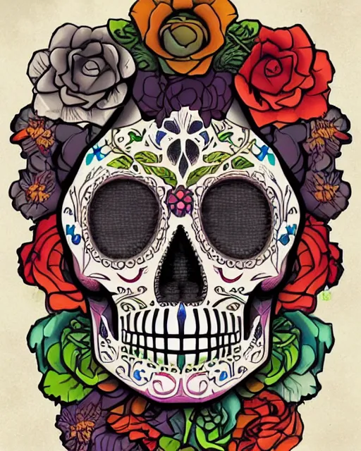 Prompt: dia de los muertos theme poster art by artemio rodriguez, lisa brawn, and gustave bauman, intricate, accurate facial details, profile picture, artgerm, retro latin america, nostalgic, ( old fashioned ), posterized colors