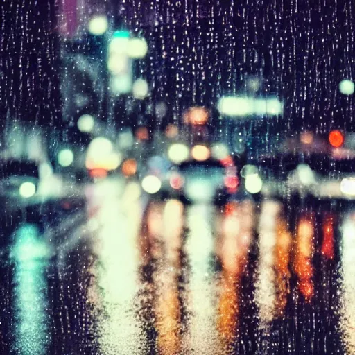 Image similar to zoomed in iphone photo rainy night in the city, reflections, car lights