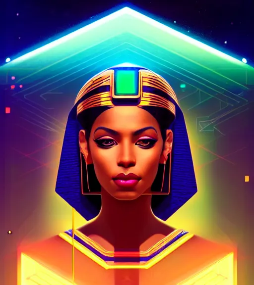 Image similar to symmetry!! egyptian queen of technology, solid cube of light, hard edges, product render retro - futuristic poster scifi, lasers and neon circuits, brown skin beautiful egyptian, queen, intricate, elegant, highly detailed, digital painting, artstation, concept art, smooth, sharp focus, illustration, dreamlike, art by artgerm