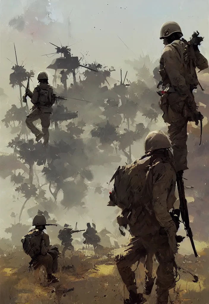 Prompt: ismail inceoglu painting of the vietnam war, painting, art concept for a book cover, trending on artstation, by greg manchess and by craig mullins and by kilian eng and by jake parker