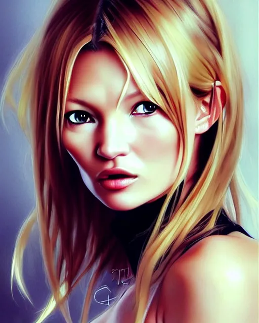 Image similar to portrait of Kate Moss as Anime girl cute-fine-face, full body! pretty face, realistic shaded Perfect face, fine details. Anime. realistic shaded lighting by Ilya Kuvshinov Giuseppe Dangelico Pino and Michael Garmash and Rob Rey
