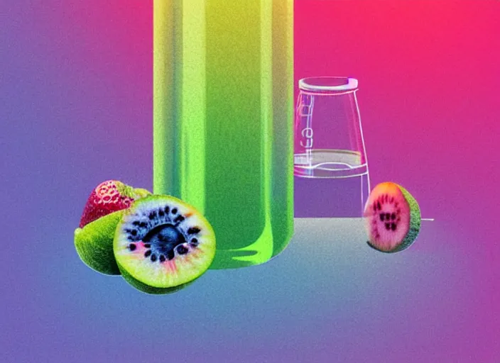 Image similar to ( ( dithered ) ), editorial illustration strawberries blueberries sliced kiwi sliced lemon inside a clear drinking bottle, isometric, modern art deco, mads berg, karolis strautniekas, christopher balaskas, stippled light, fog, fine texture, dynamic composition, matte print, muted color