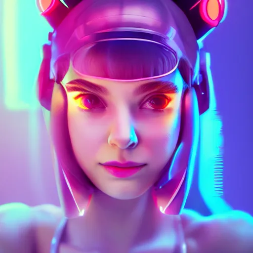 Image similar to portrait of a cute young woman with robot ears and eyes, 4k, sharp focus, neon colored fluorescent lighting, jordan grimmer