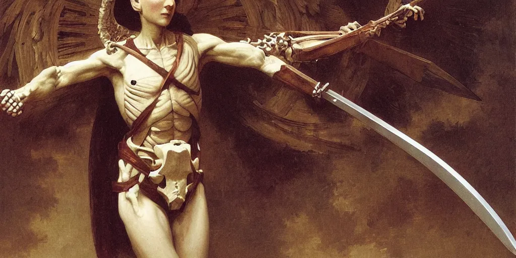 Image similar to portrait of a fully armed skeleton archer with big sword, wearing helmets and armor with wings, symmetrical, solemn, sacred, aura, by bouguereau