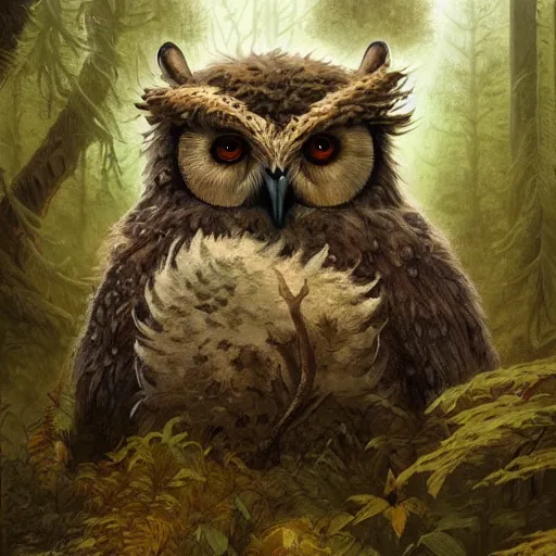 Image similar to three quarter portrait of an owlbear in the forest, d & d, fantasy, greg rutkowski, frank frazetta, alexandre chaudret, boris vallejo, michael whelan, miro petrov, hr giger, magali villeneuve, donato giancola