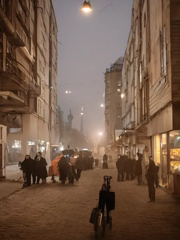 Prompt: film still of russian suburbs, lights are on in the windows, deep night, post - soviet courtyard, cozy atmosphere, light fog, street lamps with orange light, several birches nearby, several elderly people stand at the entrance to the building