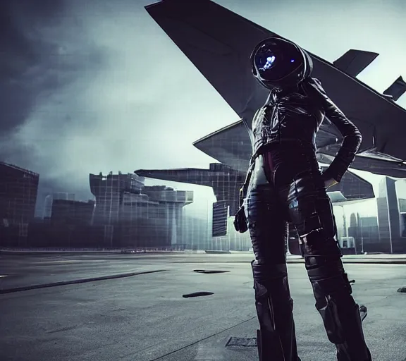 Image similar to fighter pilot stands beside futuristic sci fi fighter jet landed at runway of cyberpunk city, night photo ,dark cinematic lighting , digital concept art