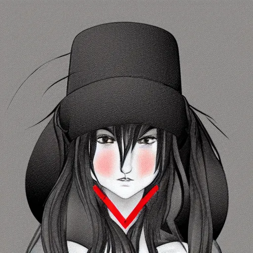 Image similar to highly detailed, teenage girl in a tall black hat with red strip, profile face, digital art, gray scale, anime style