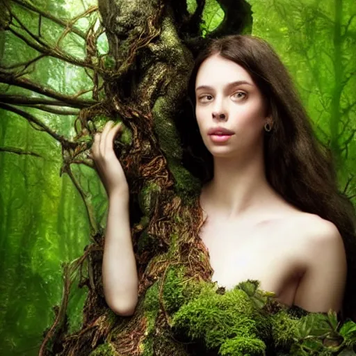 Prompt: Portrait of the beautiful woman Lana Rhoades as a dryad, she has those characteristic sparkling green eyes, she is looking straight to the camera, she has a glow coming from her, she is getting illuminated for rays of light, behind her is an ancient forest full of life, the photo was taking by Annie Leibovitz, Ellie Victoria Gale and Steve McCurry, matte painting, oil painting, naturalism, 4k, 8k