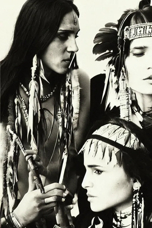 Image similar to photo of two native american indian woman's : emma watson and angelina jolie smoking a pipe of peace, portrait, skilled warrior of the apache, ancient, realistic, detailed