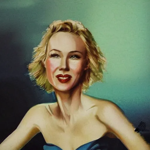 Prompt: “Naomi Watts portrait, color vintage magazine illustration 1950”