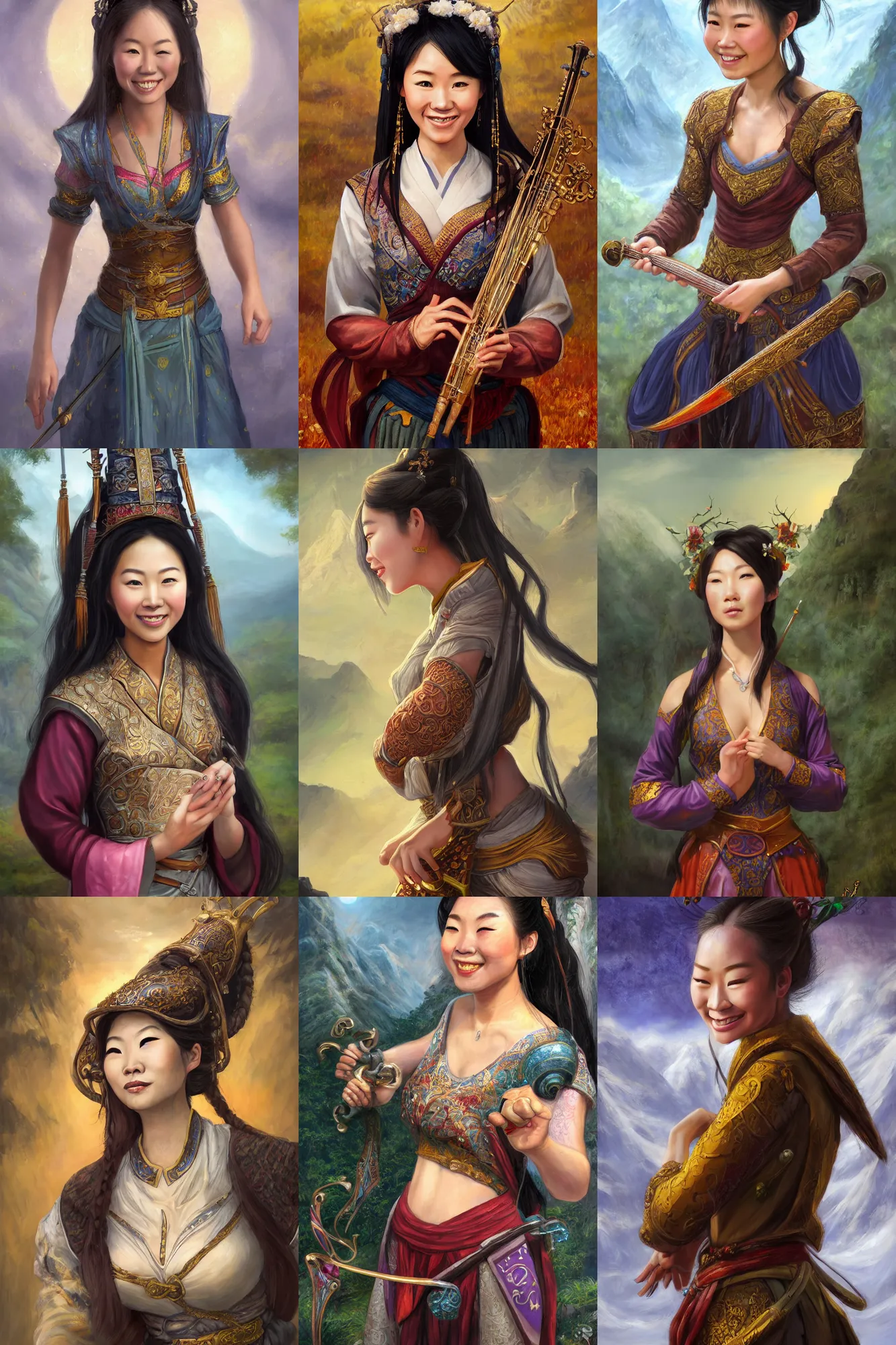 Prompt: a full body high detail fantasy portrait oil painting illustration of a single beautiful smiling bard asian woman by justin sweet with face and body clearly visible, in a scenic background, pretty eyes, realistic proportions, d & d, rpg, forgotten realms, artstation trending, high quality, sombre mood, artstation trending, muted colours, entire person visible!