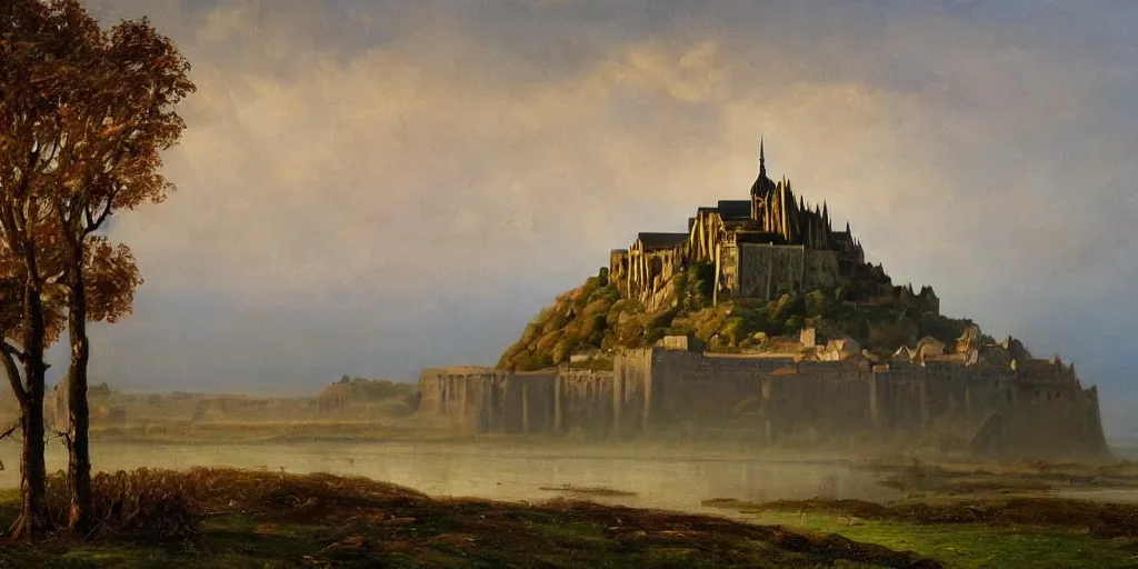 Image similar to masterpiece oil painting portraying mont saint michel in the style of romanticism landscape painters with a tree on the foreground,beautiful,misty,evocative