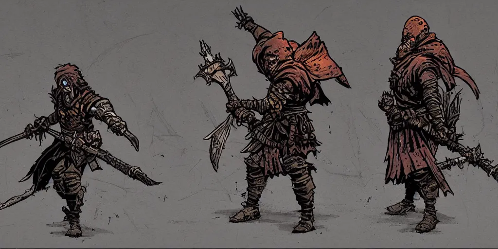 Prompt: warrior enemy character design. darkest dungeon. pc game. 2 d sideview. transparent background. art by moebius and thomas kinkade and greg rutkowski.