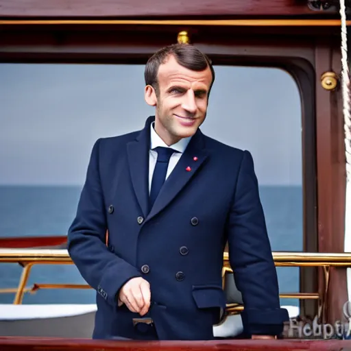 Image similar to Emmanuel Macron on a steamboat, dressed like 1912 ship captain, 50mm photography, high quality, 4K