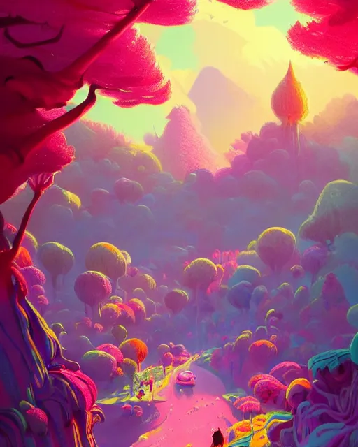 Image similar to candyland | a landscape made of candy and desserts, mountains river trees, cherry - blossoms | highly detailed | very intricate | fantasy whimsical magical | soft bright natural morning light | pixar | award - winning | matte painting by anton fadeev and paul lehr and rhads and alena aenami | pastel color palette | featured on artstation