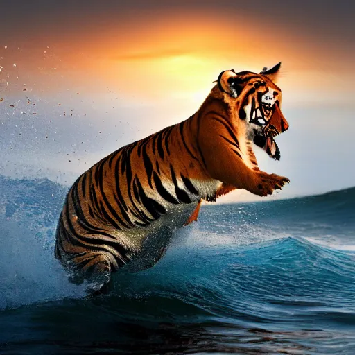 Prompt: a closeup photorealistic photograph of a cute tiger kangaroo hybrid splashing in the surf during sunset. professional capture, well lit shot. this 4 k hd image is trending on artstation, featured on behance, well - rendered, extra crisp, features intricate detail, epic composition and the style of unreal engine.