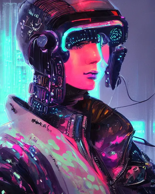 Image similar to detailed side profile portrait Neon Operator Girl, cyberpunk futuristic neon, reflective puffy coat, decorated with traditional Japanese ornaments by Ismail inceoglu dragan bibin hans thoma greg rutkowski Alexandros Pyromallis Nekro Rene Maritte Illustrated, Perfect face, fine details, realistic shaded, fine-face, pretty face