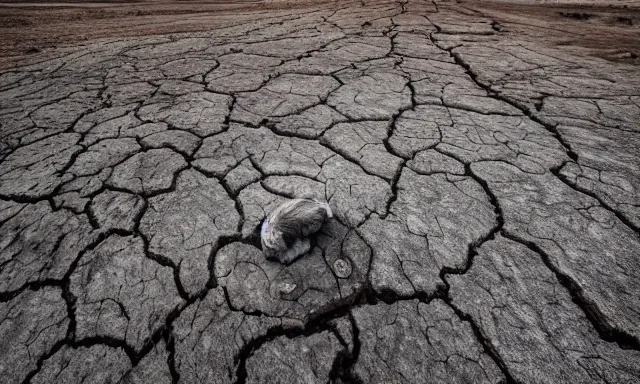 Prompt: medium shot of a nondescript crying ancient dried up Danu, peaceful, facing the camera and standing in front of a dried up river in a desolate land, dead trees, blue sky, hot and sunny with light rain but no clouds, highly-detailed, elegant, dramatic lighting, artstation, 4k, cinematic landscape, photograph by Elisabeth Gadd