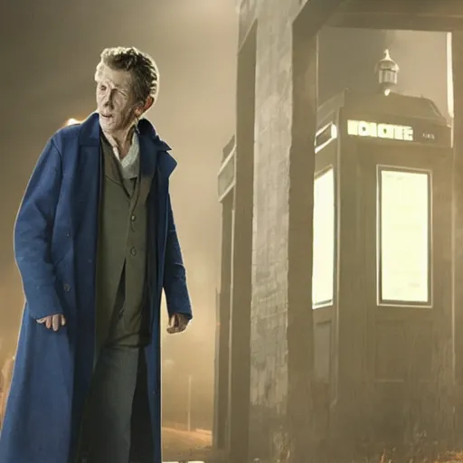 Image similar to tom holland as a rough dirty old man with a scruffy beard in a dark blue trenchcoat as the new doctor who, cinematic, volumetric lighting, f 8 aperture, cinematic eastman 5 3 8 4 film, photorealistic