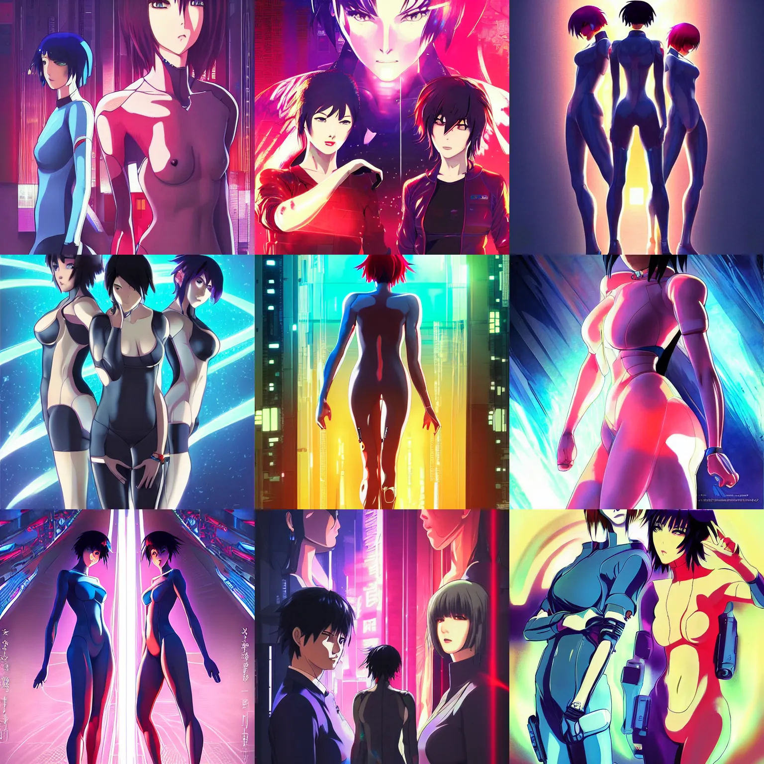 Prompt: anime style, vivid, expressive, full body, 4 k, two women in ghost in the shell suits, stunning, realistic light and shadow effects, centered, simple background, studio ghibly makoto shinkai yuji yamaguchi artgerm