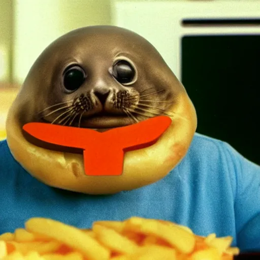 Image similar to 1980s McDonalds TV ad still for a baby seal disguised as a loaded baked potato with Danny DeVito