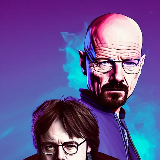 Image similar to walter white on top off jesse pinkman's back, and a purple coloured leather jacket, one side haircut, long brown hair with light blue ends, portrait, hyperdetailed, artstation, cgsociety, synthwave by tangerine dream, by jean - michel jarre, by vangelis, by john carpenter