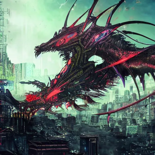 Prompt: cyberpunk dragon made of psychedelic particle effects breathing a flame of clockwork and gears the city is crumbling in the background it is on fire, high detail, glossy finish, realistic reflections