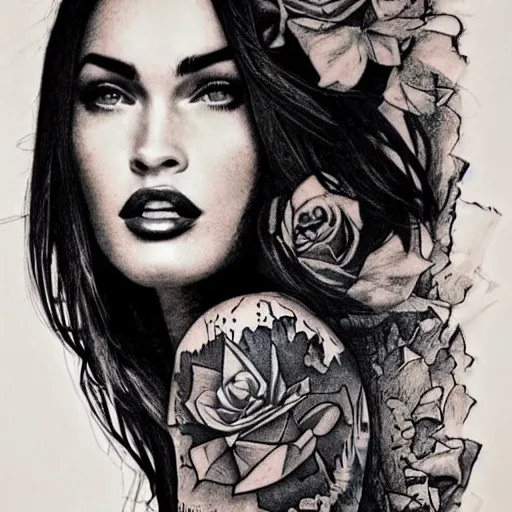 Image similar to megan fox as beautiful mountains, double exposure effect, medium sized tattoo sketch, amazing detail, trending on pinterest, in the style of dan mountford