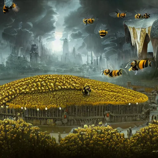 Image similar to a world of bees, storie grubb, 8k, very detailed, matte painting, digital art