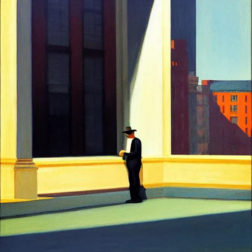 Image similar to painting of a lone man in front of a tall building. by edward hopper and james gilleard