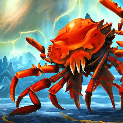 Image similar to blue giant ((crab monster)) with giant crab claws, giant crab claws fantasy digital art, magical background in the style of hearthstone artwork